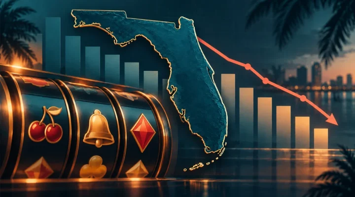 Ilustración de Florida, rodillos de tragamonedas genéricos y un gráfico descendente de ingresos