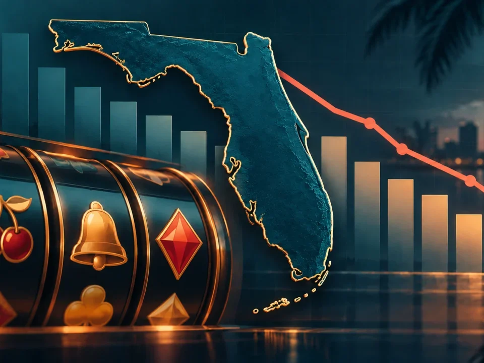 Ilustración de Florida, rodillos de tragamonedas genéricos y un gráfico descendente de ingresos