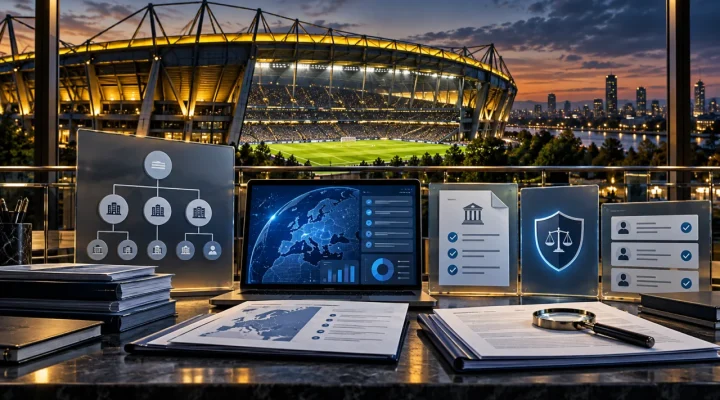 Estadio de fútbol junto a pantallas digitales de propiedad corporativa y control de cumplimiento