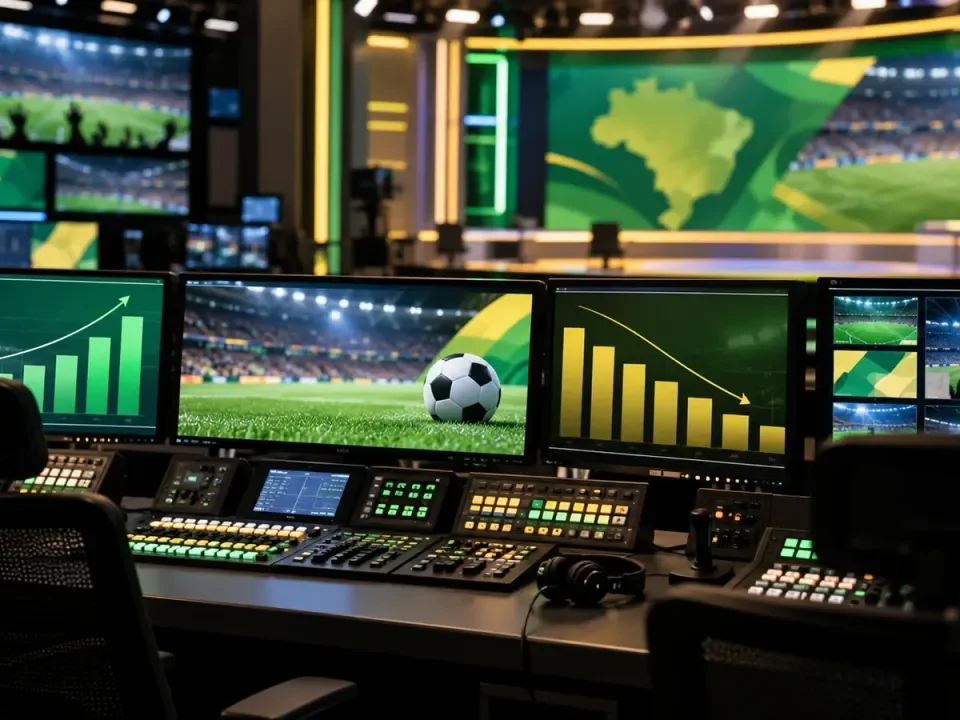 Generated illustration of a Brazilian television control room with abstract advertising charts