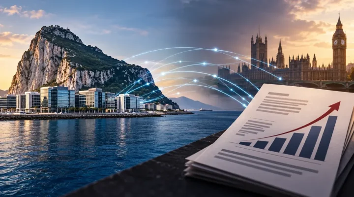 Ilustración generada que conecta oficinas de Gibraltar con el Parlamento británico y un gráfico fiscal ascendente