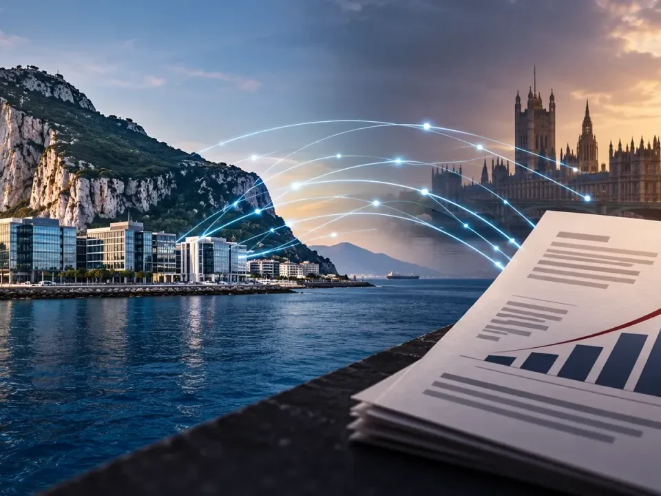 Ilustración generada que conecta oficinas de Gibraltar con el Parlamento británico y un gráfico fiscal ascendente