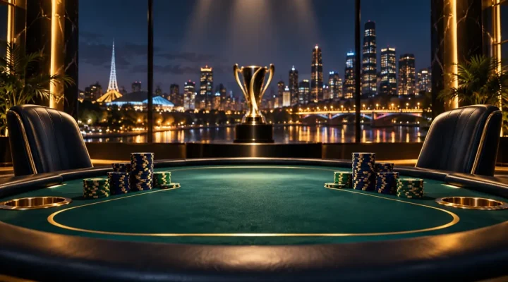 Empty heads-up poker table with tournament chips and a trophy against a Melbourne skyline
