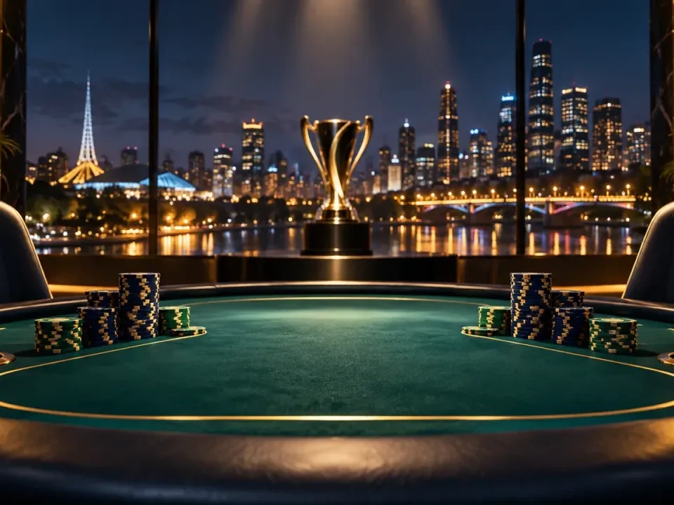 Empty heads-up poker table with tournament chips and a trophy against a Melbourne skyline