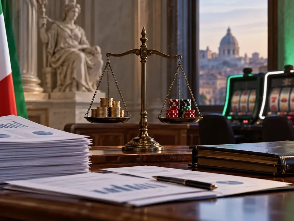 Ilustración generada de documentos presupuestarios italianos frente a equipos de juego genéricos