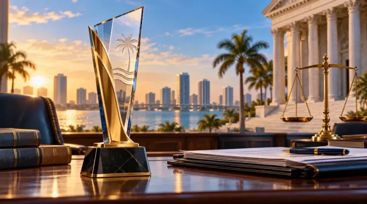 Trofeo de excelencia regulatoria sobre un escritorio con vistas a Florida
