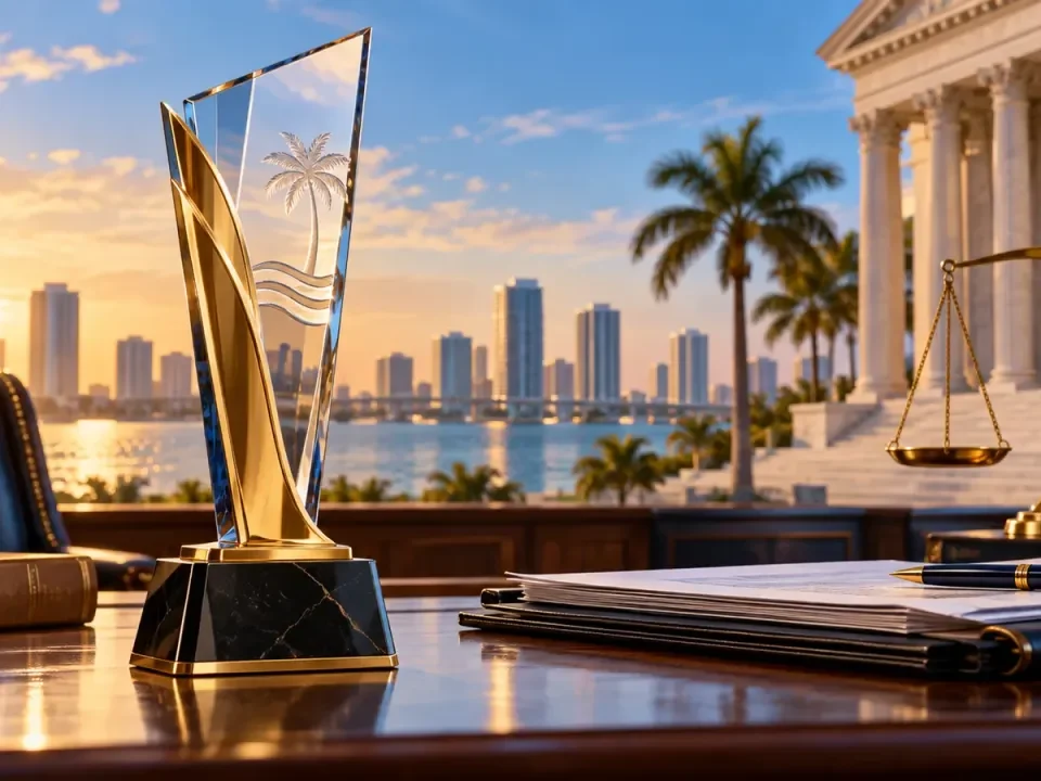 Trofeo de excelencia regulatoria sobre un escritorio con vistas a Florida