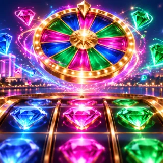 Conceptual neon prize wheel above blue, pink and green gems
