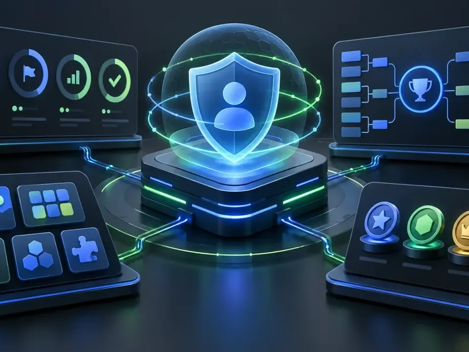 Illustration of gamification modules connected to a central platform with a player-protection shield