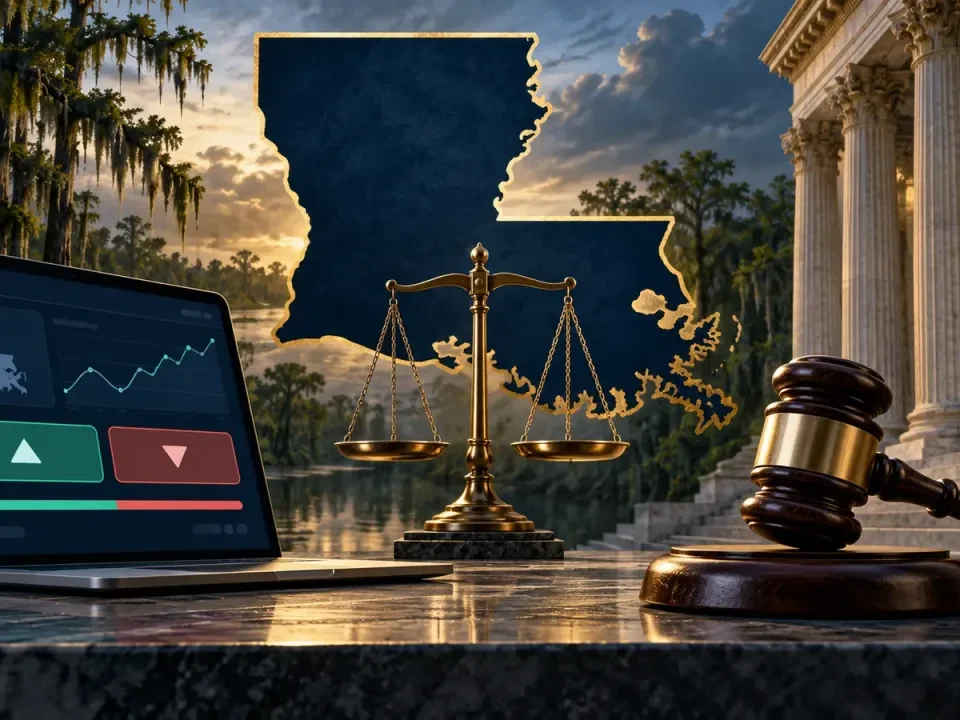 Conceptual Louisiana court scene balancing an event-contract screen and state gambling law
