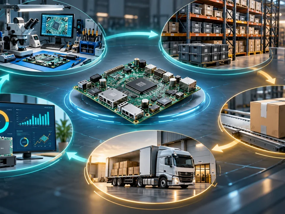 Circuit board moving through a conceptual repair and logistics cycle