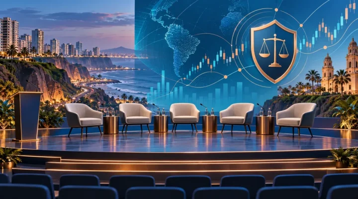 Panel regulatorio vacío en Lima con gráficos de mercado y un escudo jurídico