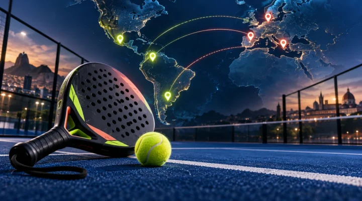 Raqueta de padel junto a un mapa que conecta seis paradas internacionales