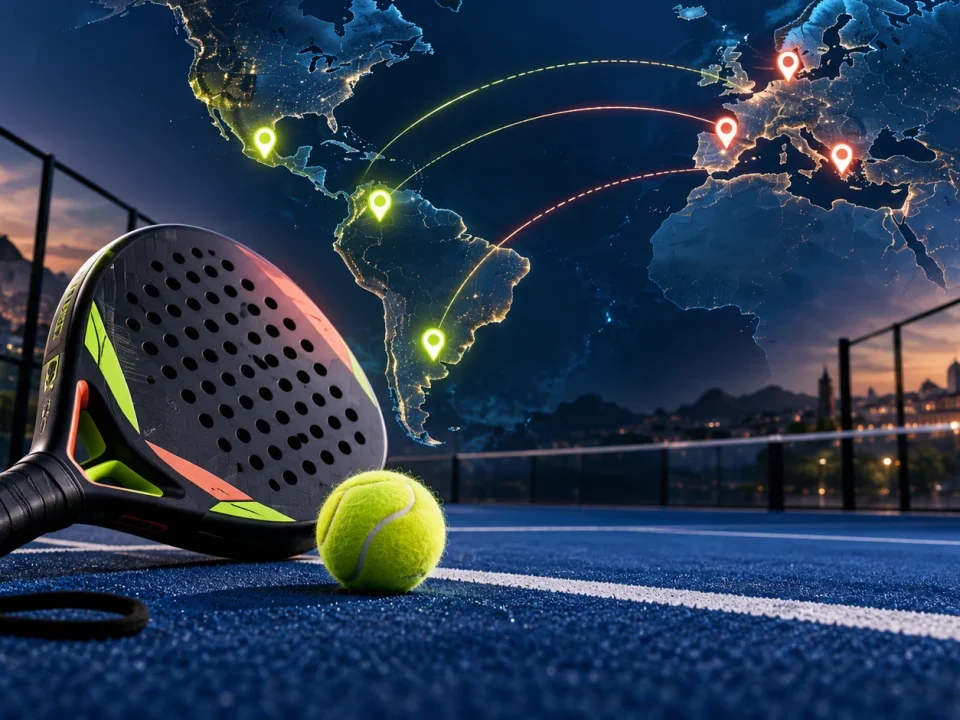 Raqueta de padel junto a un mapa que conecta seis paradas internacionales