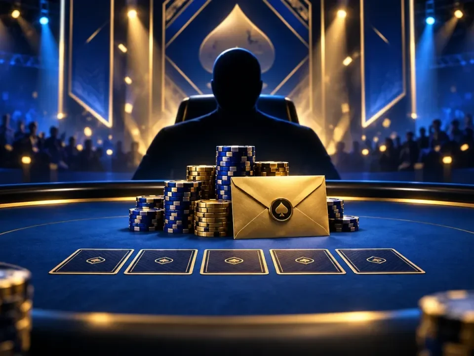 Ilustración generada de un campeón anónimo de póker online ante fichas y un sobre de recompensa misteriosa