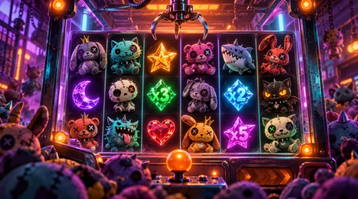 Criaturas de peluche cosidas dentro de una máquina de gancho iluminada