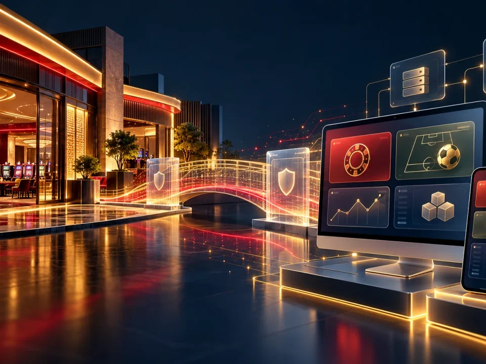 Physical gaming venue connected by a secure digital bridge to online casino and sportsbook modules