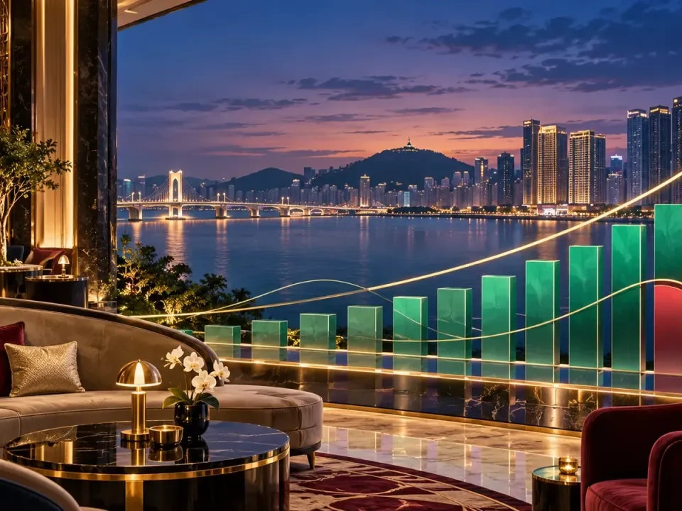 Horizonte ilustrado de complejos de Macao con motivos de ingresos trimestrales y cuota de mercado