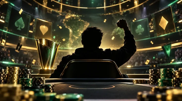 Generated illustration of an online poker champion celebrating at a virtual final table