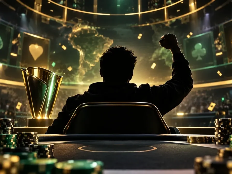 Generated illustration of an online poker champion celebrating at a virtual final table