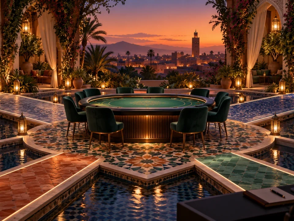 Mesa de póker conceptual en un patio de riad de Marrakech con una cámara de cobertura en directo