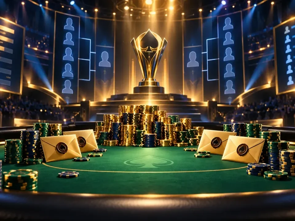 Illustration of an online poker championship table with chips, mystery envelopes and a tournament bracket