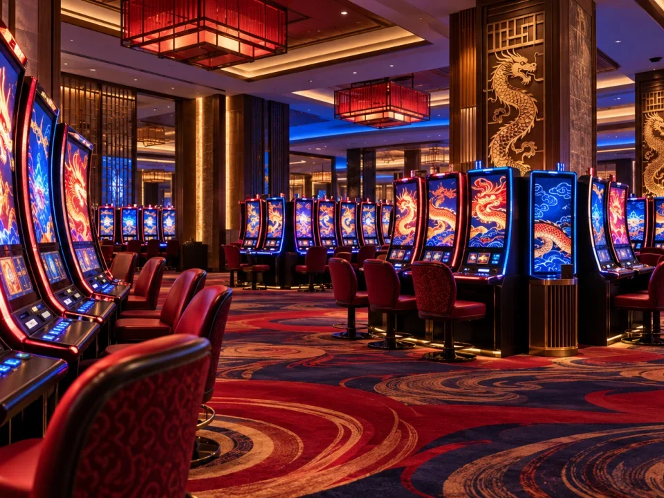 Sala de casino sin marca con filas de maquinas genericas e iluminacion inspirada en dragones