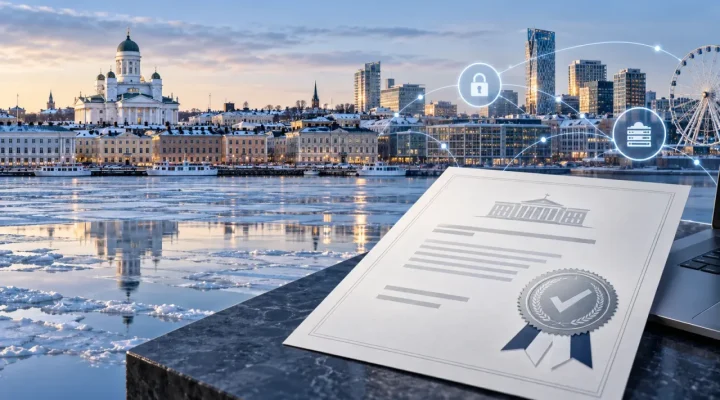 Ilustración generada de Helsinki y un documento aprobado de licencia de juego digital