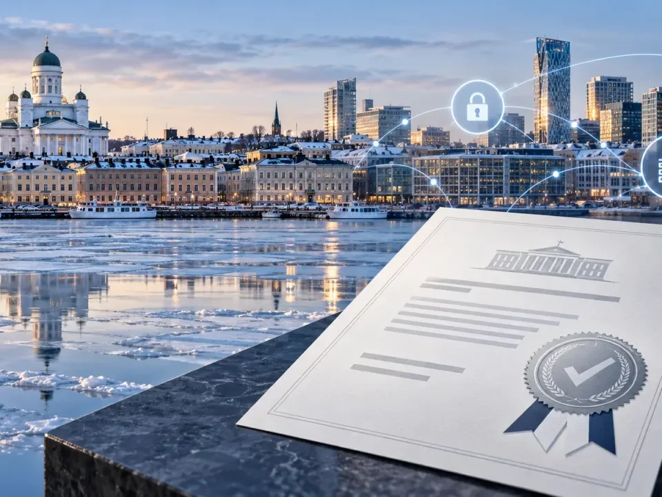 Ilustración generada de Helsinki y un documento aprobado de licencia de juego digital