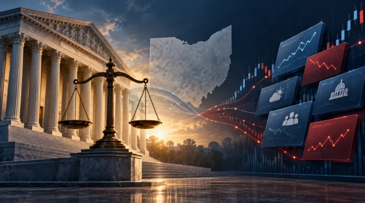 Illustration of courthouse scales beside abstract market-contract graphics and an outline of Ohio