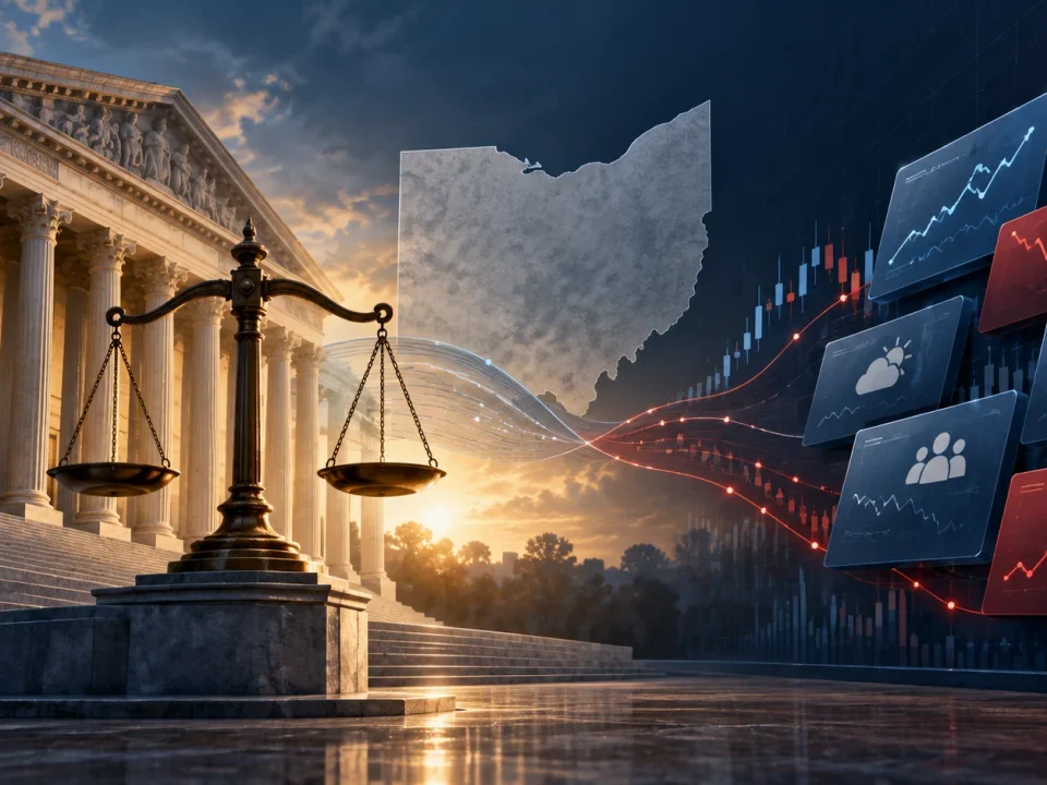 Illustration of courthouse scales beside abstract market-contract graphics and an outline of Ohio