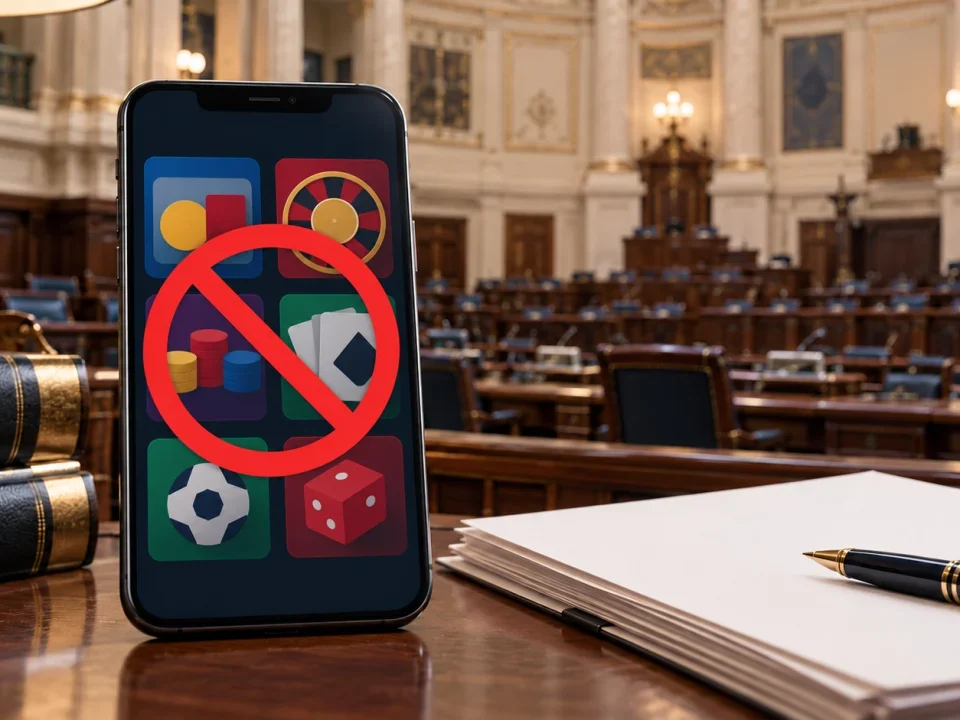 Ilustracion de una pantalla de juego online prohibido dentro de una camara legislativa