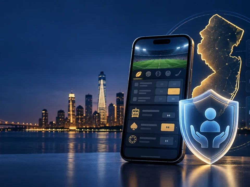 Generic betting app beside a New Jersey outline, protection shield and account analytics