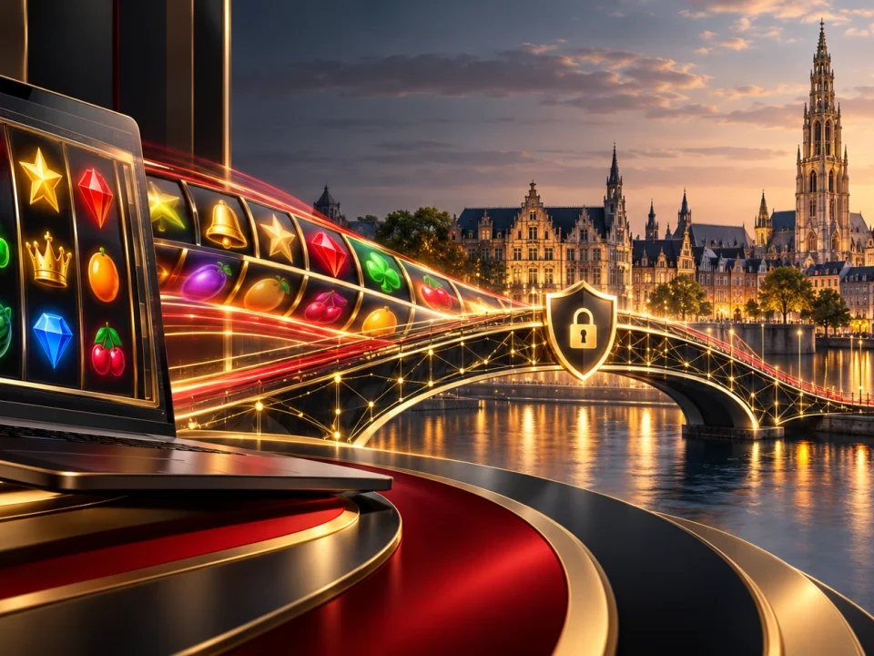 Generic online slot reels crossing a secure digital bridge into Belgium
