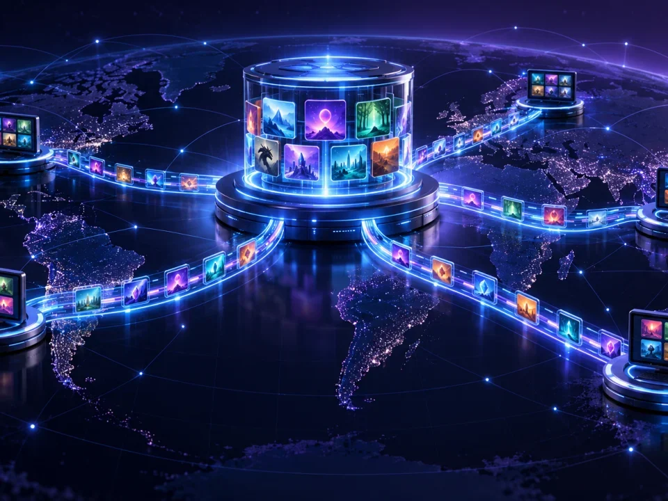 Digital game tiles moving from a central content hub to operator terminals around a world map