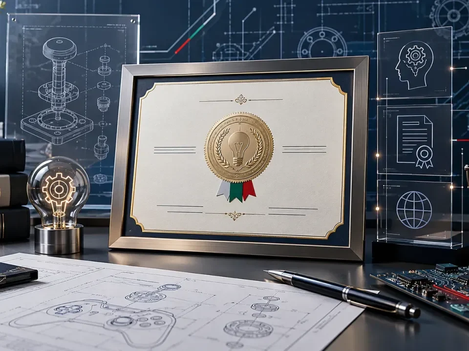 Ilustración de un certificado de propiedad intelectual junto a planos de patentes tecnológicas