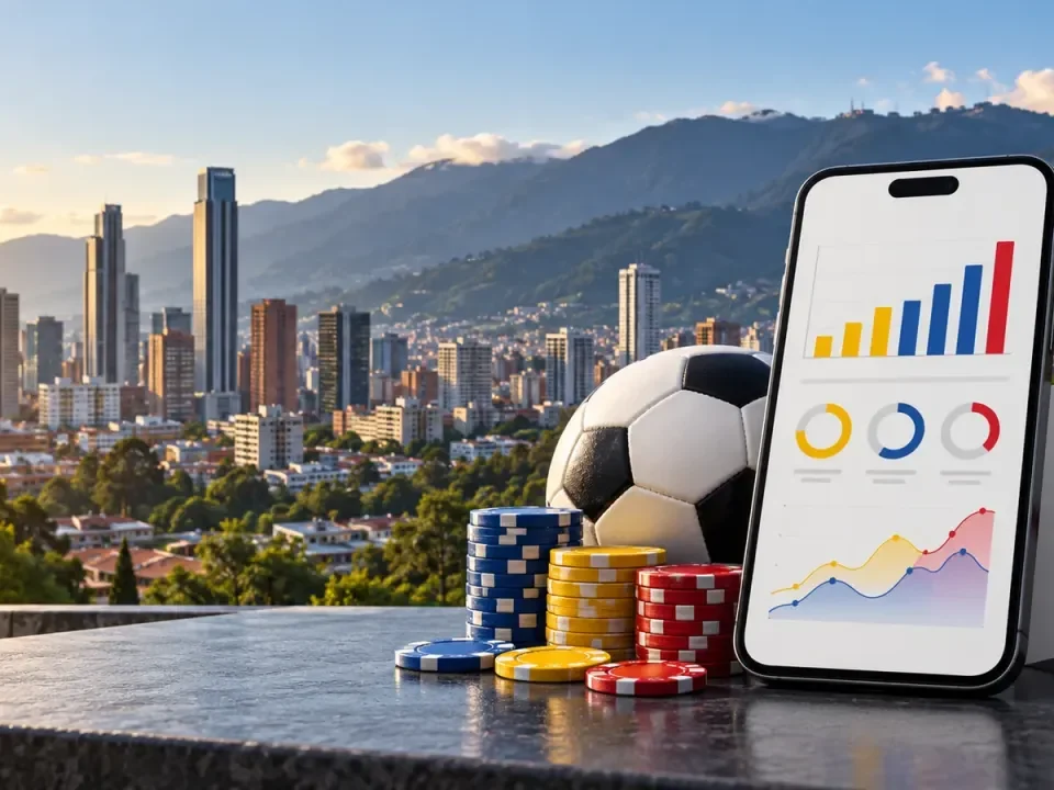Panel conceptual de análisis de apuestas online frente a una ciudad colombiana