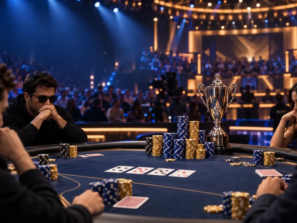 Generic poker final table with tournament chips and a silver trophy under arena lights