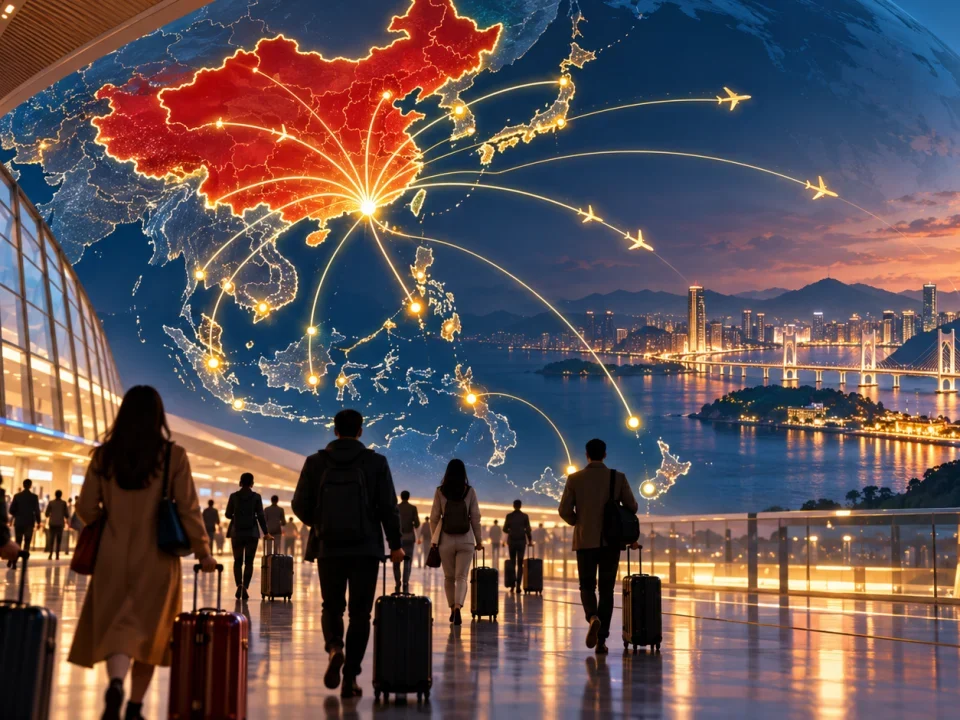Viajeros en un aeropuerto bajo rutas iluminadas desde China continental hacia Asia
