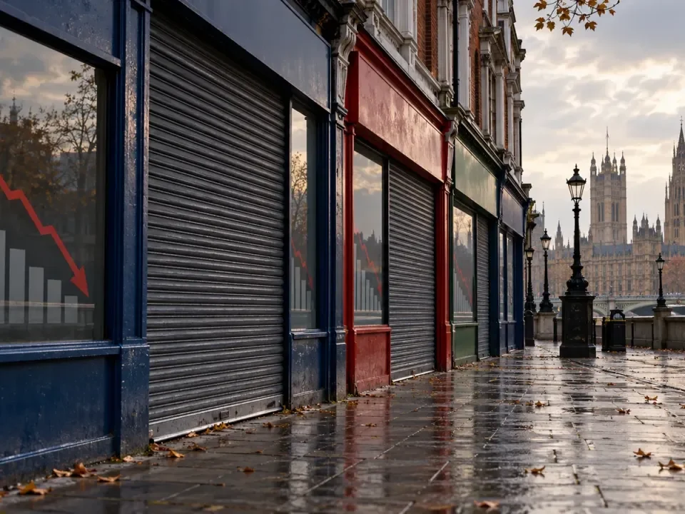 Closed generic betting shops in London with a falling revenue chart reflected in their windows