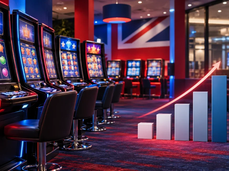 Máquinas de juego británicas junto a un gráfico fiscal ascendente en un local