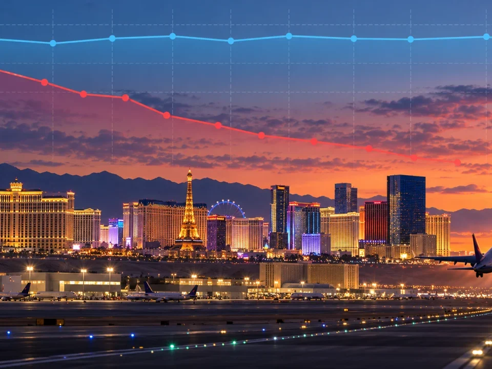Horizonte de Las Vegas y pista de aeropuerto bajo gráficos de juego estable y pasajeros en descenso