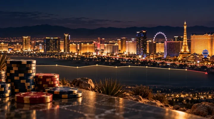 Ilustración generada del horizonte de Las Vegas, fichas de casino y una línea de ingresos casi estable