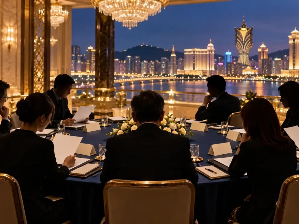 Ilustración de ocho jueces anónimos revisando documentos alrededor de una mesa en Macao