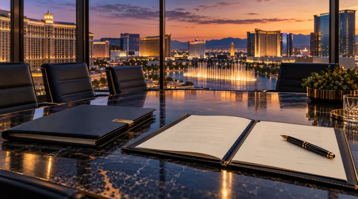 Sala de juntas conceptual con un acuerdo modificado y vistas a una zona de resorts de Las Vegas