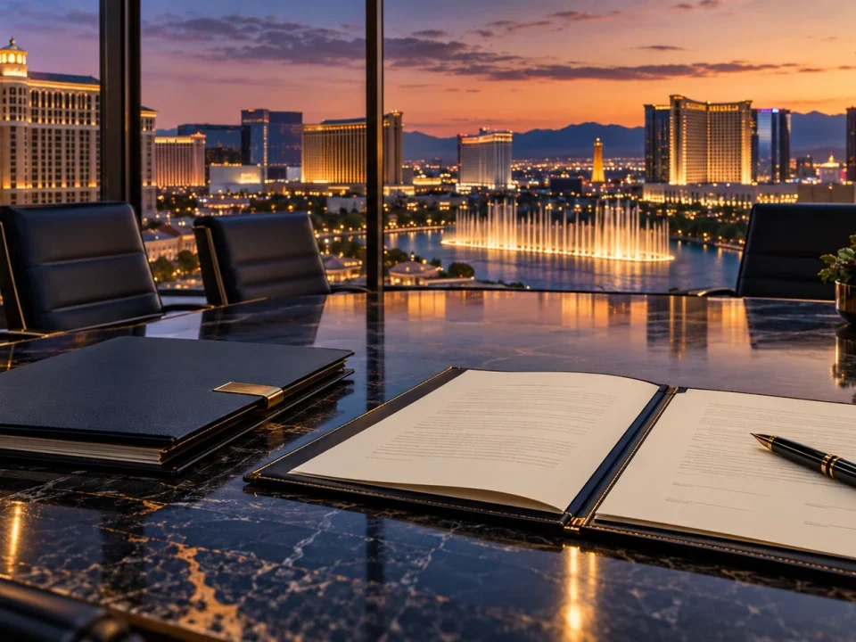 Sala de juntas conceptual con un acuerdo modificado y vistas a una zona de resorts de Las Vegas