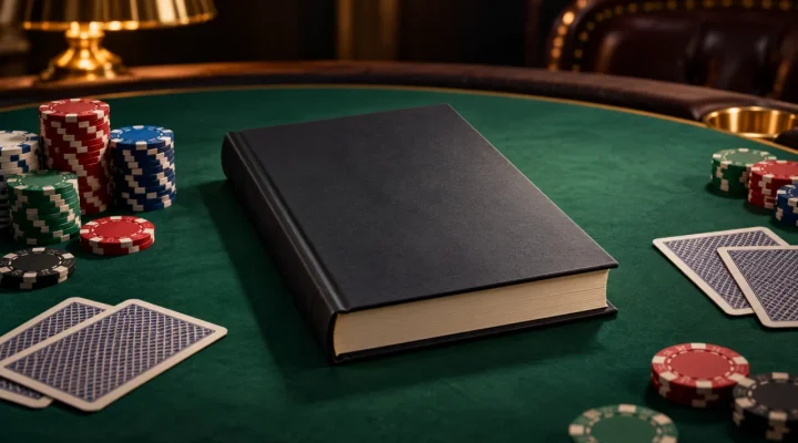 Libro de tapa dura sin marcas entre fichas y cartas sobre una mesa de póker