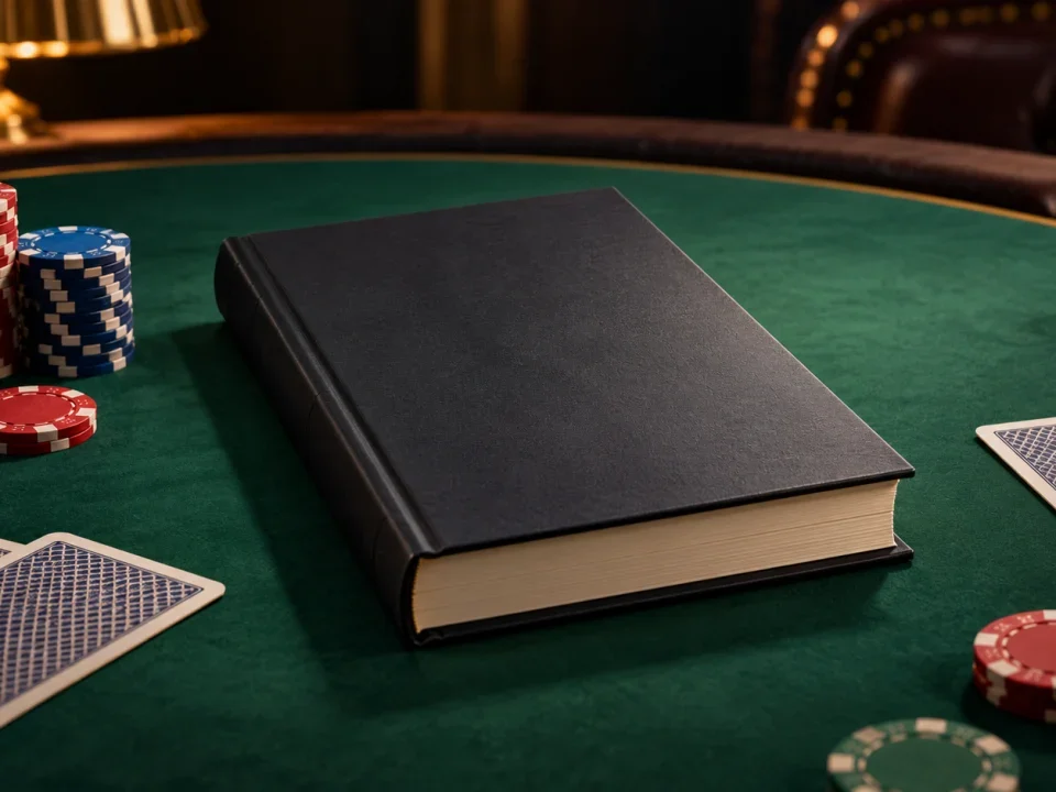 Libro de tapa dura sin marcas entre fichas y cartas sobre una mesa de póker