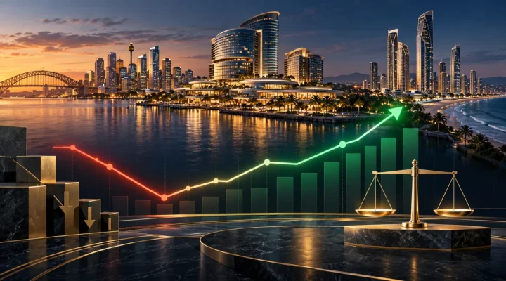 Australian casino resorts behind a financial chart returning to positive territory
