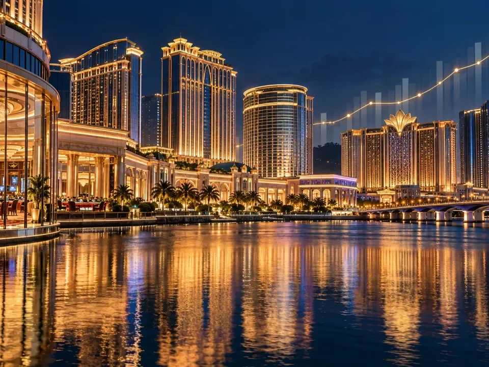 Generated illustration of a Macau resort skyline with a rising financial chart